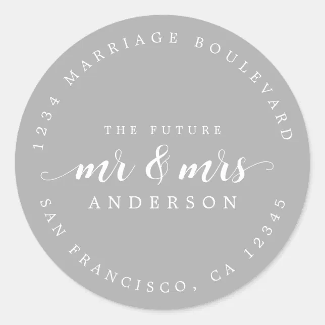Future Mr Mrs Script Gray Return Address Classic Round Sticker | Zazzle