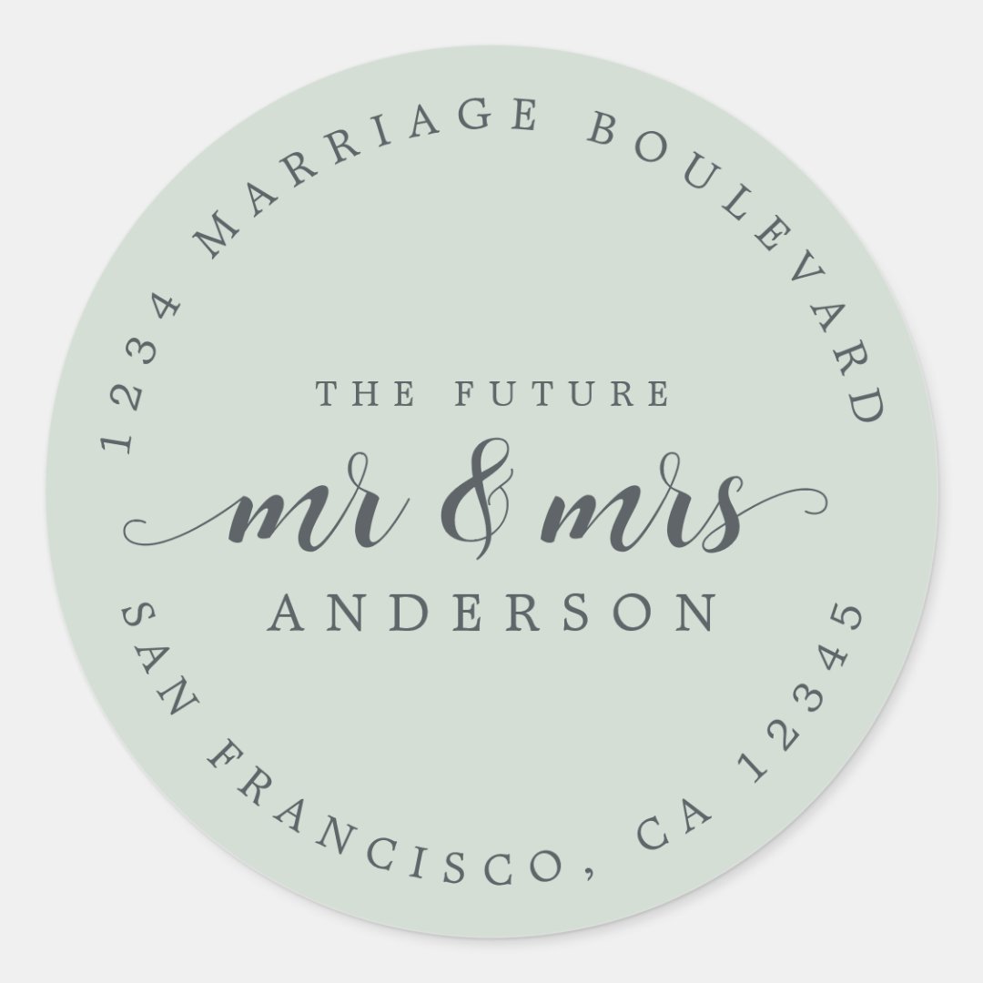 Future Mr Mrs Script Pastel Green Return Address Classic Round Sticker ...