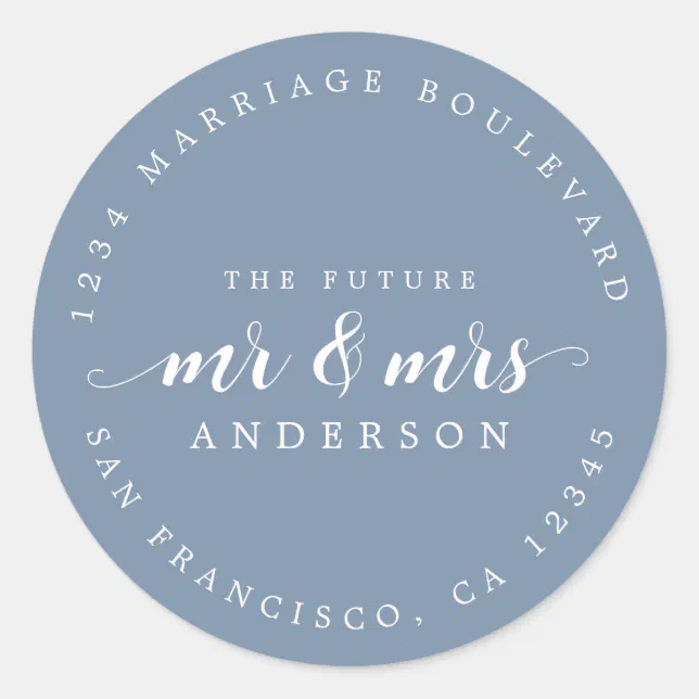 Future Mr Mrs Script Vintage Blue Return Address Classic Round Sticker ...
