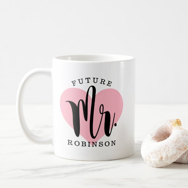Future Mr Pink Heart Wedding Monogram Coffee Mug (With Donut)