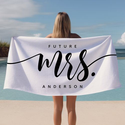 Future Mrs Black And White New Bride Personalized Beach Towel