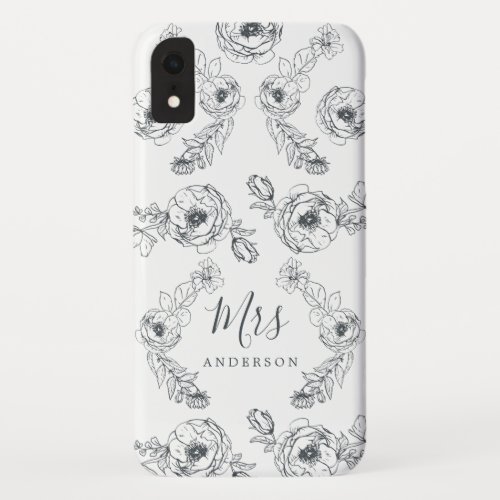 Future Mrs Black White Floral Chic Script Bride iPhone XR Case