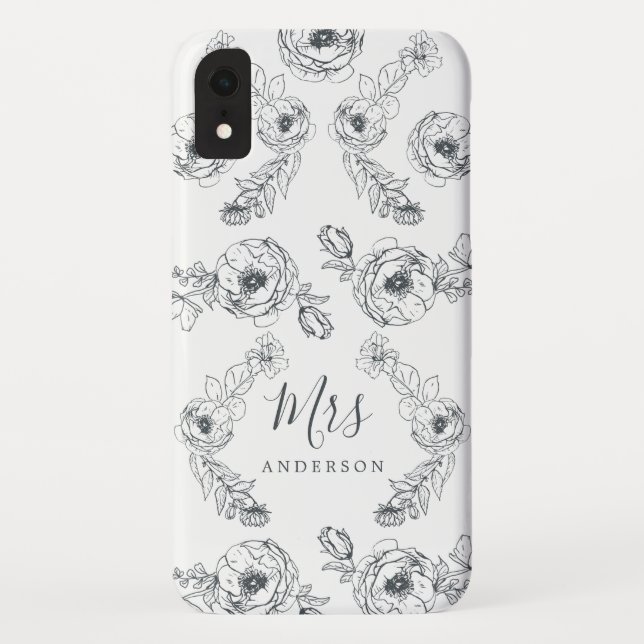 Future Mrs Black White Floral Chic Script Bride Case-Mate iPhone Case (Back)