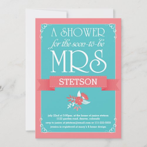 Turquoise Coral Future Mrs Whimsical Bridal Shower Custom Invites