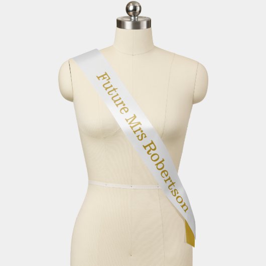Future Mrs Bride gold white elegant bridal Sash (Mannequin)