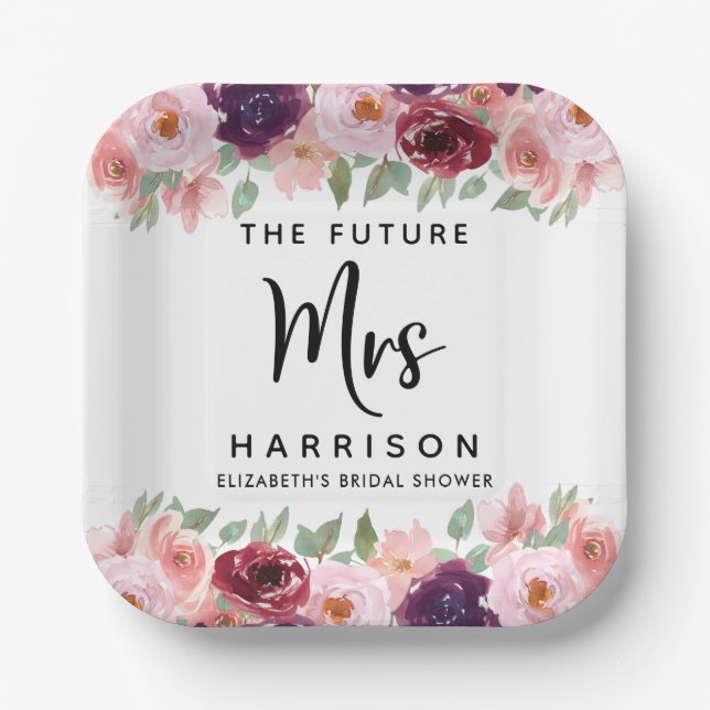 Future Mrs Burgundy Floral Bridal Shower Paper Plates (Front)