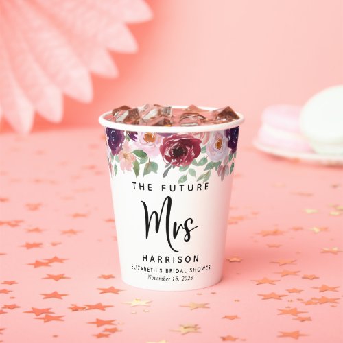 Future Mrs Burgundy Floral Custom Bridal Shower Paper Cups
