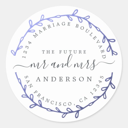 Future Mrs Dark Blue Wreath Wedding Return Address Classic Round Sticker