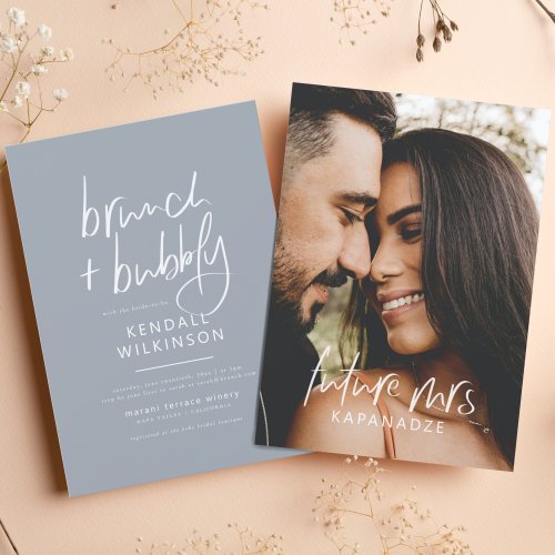 Future Mrs Dusty Blue Modern Brunch  Bubbly Photo Invitation