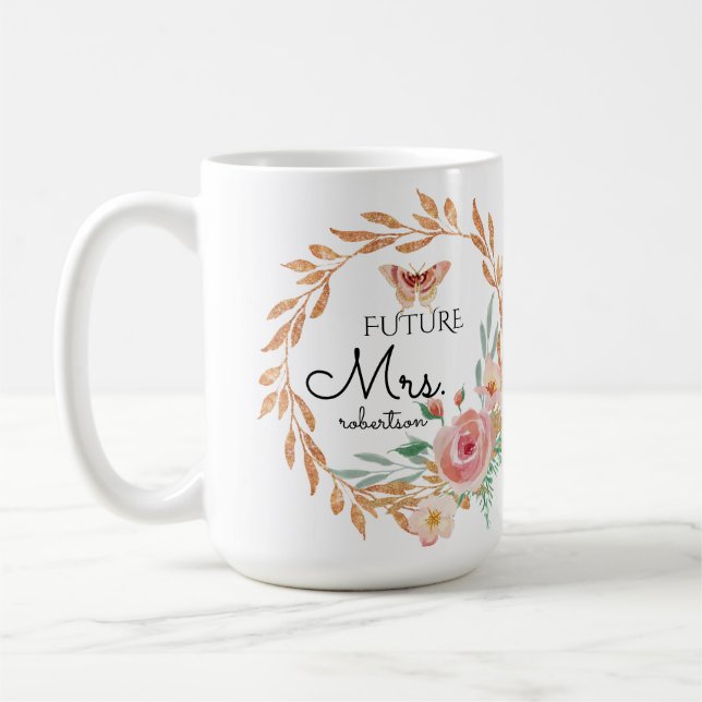 Future Mrs Floral Blush Rose Gold Glitter Shower Coffee Mug (Left)