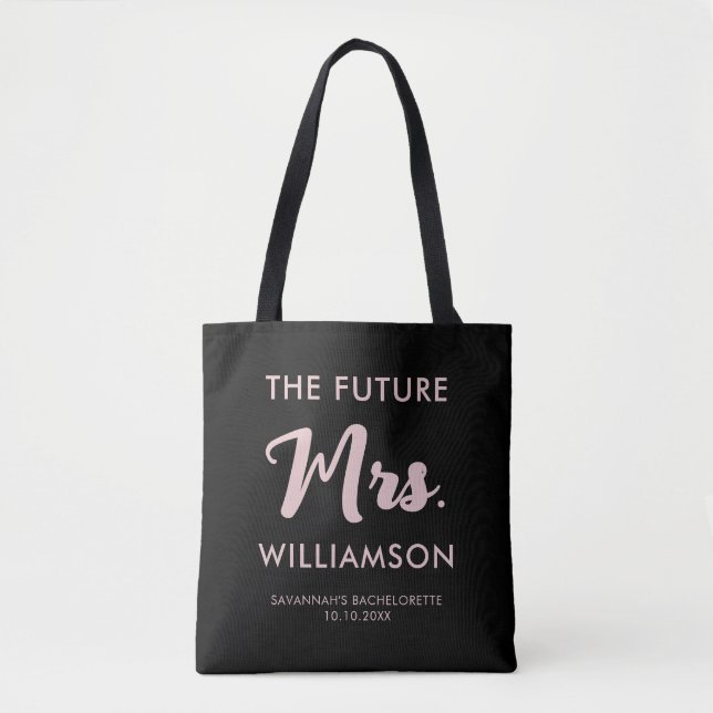 Future Mrs Last Name Celebration Party Pink Black Tote Bag (Front)