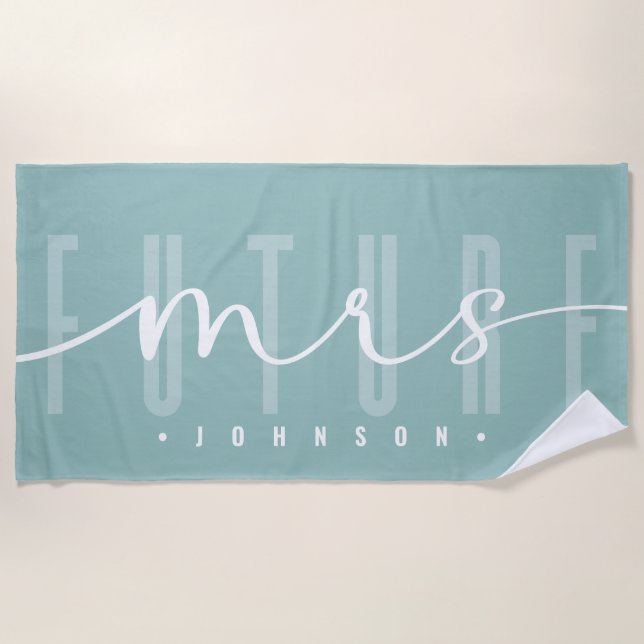 Future Mrs Modern Script Typography | Dusty Blue Beach Towel (Front)