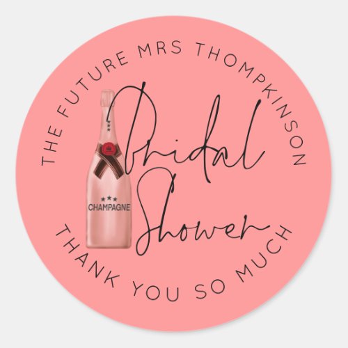 Future Mrs Name Champagne Coral Bridal Shower Classic Round Sticker