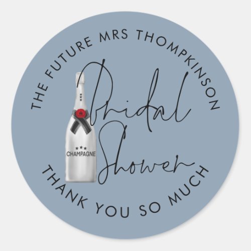 Future Mrs Name Champagne Dusty Blue Bridal Shower Classic Round Sticker
