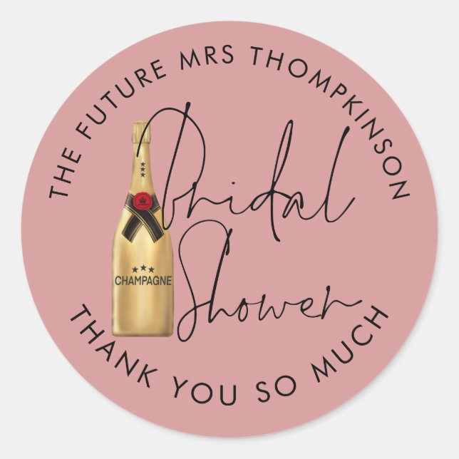Future Mrs Name Champagne Dusty Rose Bridal Shower Classic Round Sticker (Front)