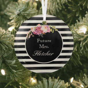 Future Mrs. Personalized Black & White Stripes  Glass Ornament