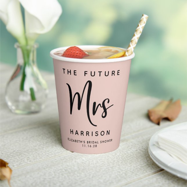 Future Mrs Personalized Blush Pink Bridal Shower Paper Cups (Insitu)
