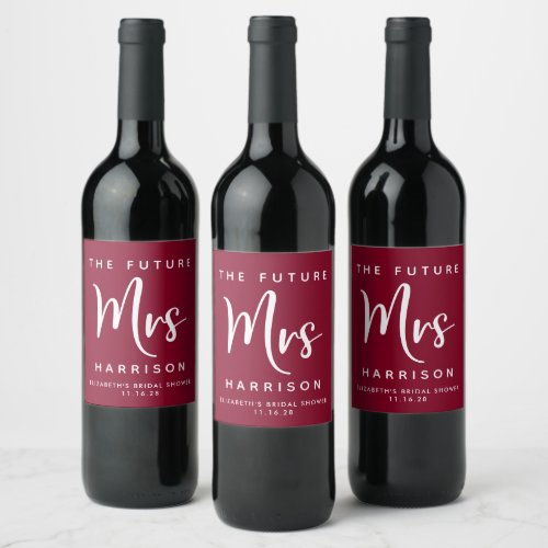 Future Mrs Personalized Burgundy Bridal Shower Wine Label