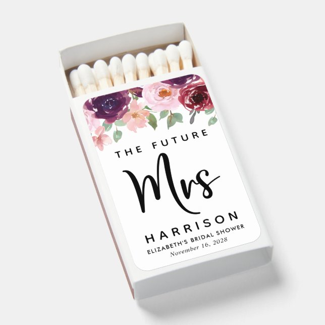 Future Mrs Pink Burgundy Floral Bridal Shower Matchboxes (Front Open)