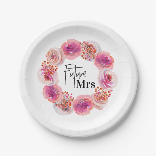 Future Mrs Pink Floral Bachelorette Bridal Shower Paper Plates (Front)