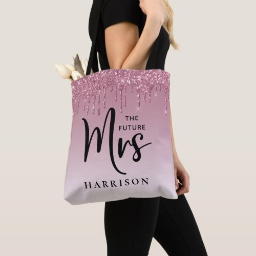 Future Mrs Pink Glitter Drips Personalized Tote Bag