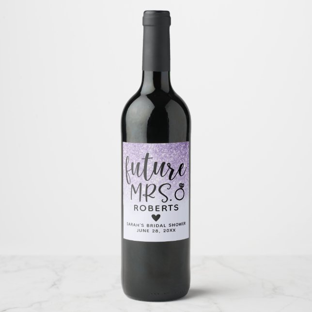 Future Mrs. Purple Glitter Bridal Shower Wine Label (Front)