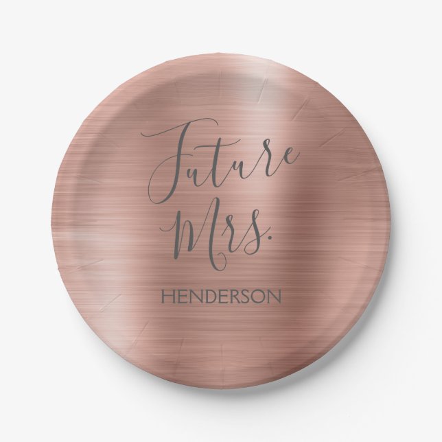 Future Mrs. Rose Gold Blush Pink Modern Paper Plates (Front)