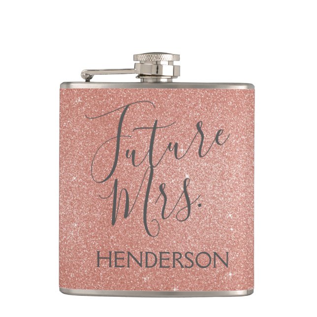 Future Mrs. Rose Gold Blush Pink Sparkle Glitter Flask (Front)