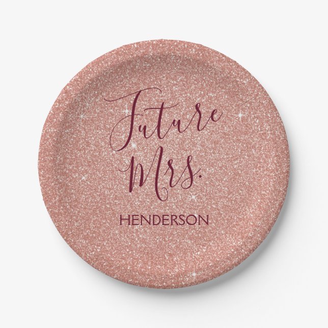 Future Mrs. Rose Gold Blush Pink Sparkle Glitter Paper Plates (Front)