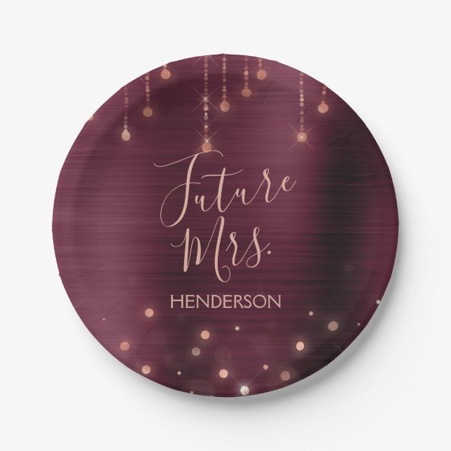 Future Mrs. Rose Gold Burgundy Sparkle Foil Paper Plates (Front)