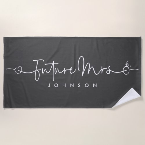 Future Mrs Script Heart Ring Custom Wedding Black Beach Towel