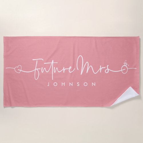 Future Mrs Script Heart Ring Custom Wedding Pink  Beach Towel