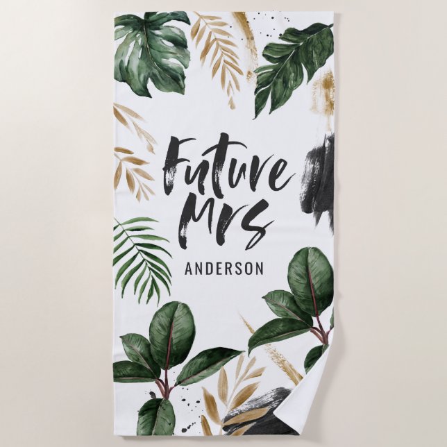 Future Mrs tropical leaf and typography Beach Towel (Front)