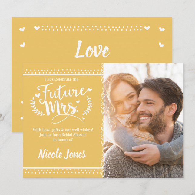 FUTURE MRS. Yellow Gold White Bridal Shower Photo Invitation (Front/Back)