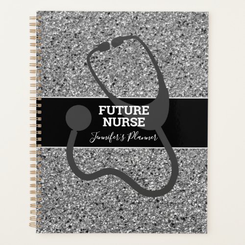 Future Nurse Black Silver Glitter Stethoscope Name Planner