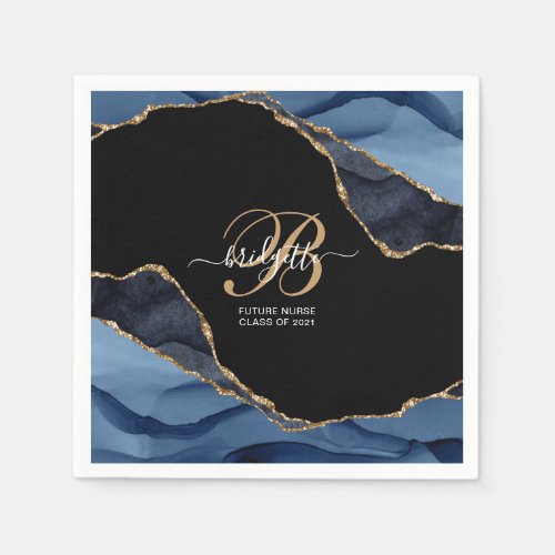 Future Nurse Graduate Blue Black Agate Gold Foil Napkins