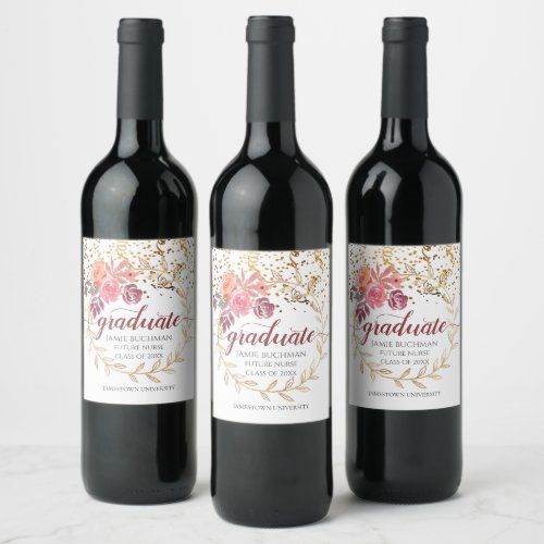 Future Nurse Graduation Floral Glitter Script Wine Label