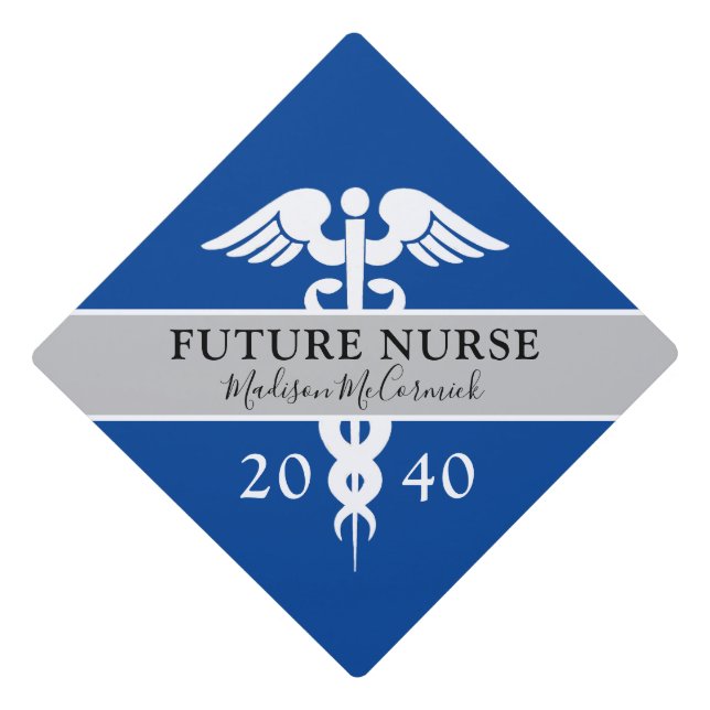 Future Nurse Medical Blue Caduceus Personalized Graduation Cap Topper (Front)
