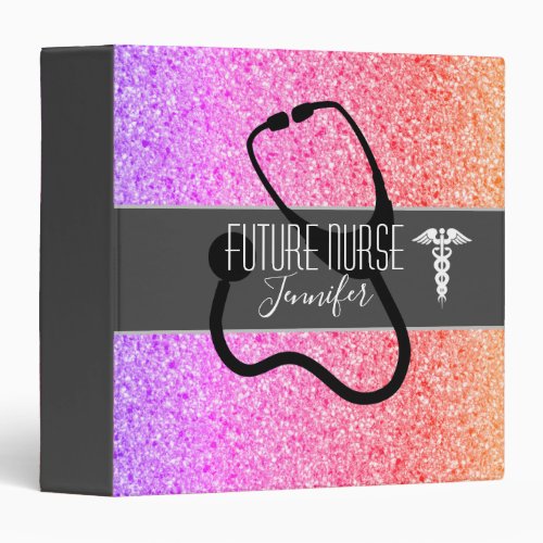 Future Nurse Medical Caduceus Rainbow Glitter Name 3 Ring Binder