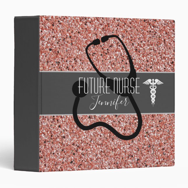 Future Nurse Medical Caduceus Symbol Pink Glitter 3 Ring Binder (Front/Spine)