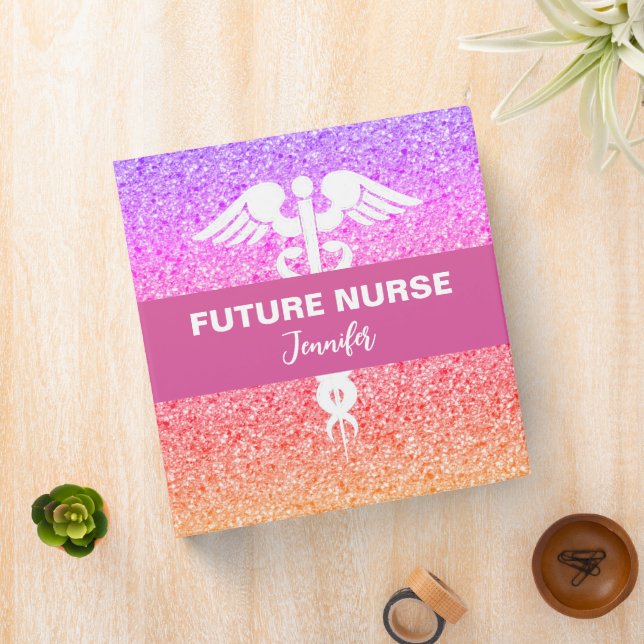 Future Nurse Medical Rainbow Glitter Personalized  3 Ring Binder (In Situ)