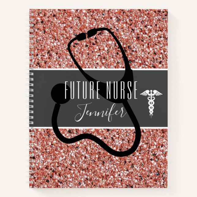 Future Nurse Medical Stethoscope Pink Glitter Name Notebook (Front)