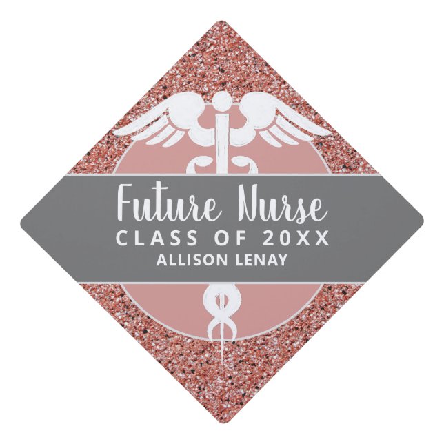 Future Nurse Rose Gold Pink Glitter Personalized Graduation Cap Topper (Front)