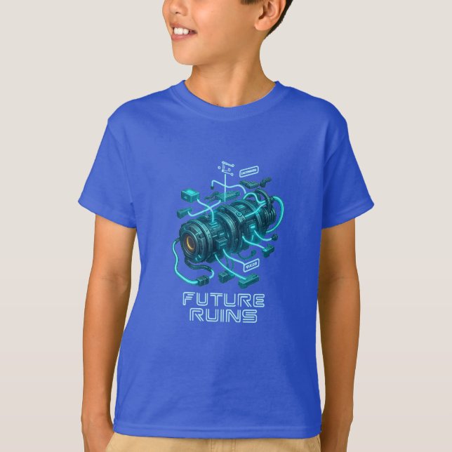  FUTURE RUINS – Glowing Cyber Engine Design T-Shirt (Front)