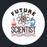 Future Scientist Science Lover STEM Classic Round Sticker<br><div class="desc">Future scientist design for chemistry,  physics or biology student. Perfect STEM design for anyone who wants to be a chemist,  physicist or biologist.   Future scientist novelty design features graphics of atom,  microscope,  beaker and DNA. Great to wear to science fair or science camp.</div>