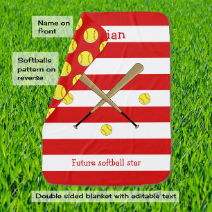 Future softball star personalized red striped baby blanket