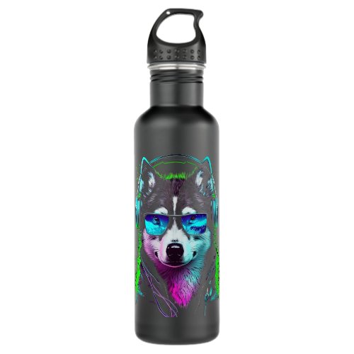 Future Wolf Dj Retro Party Dog Dj Synthwave Stainless Steel Water Bottle
