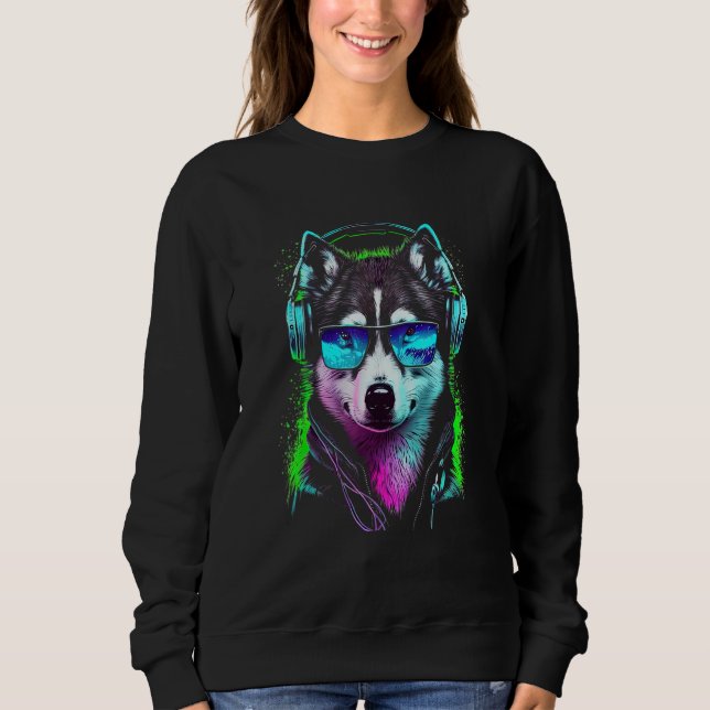 Future Wolf Dj Retro Party Dog Dj Synthwave Sweatshirt (Front)