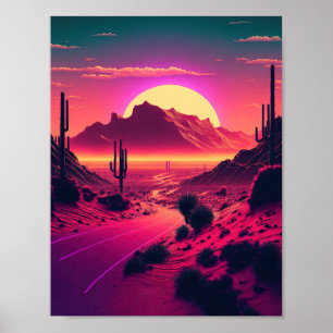 Futurist Horizons: A Synthwave Mountain Scene Poster