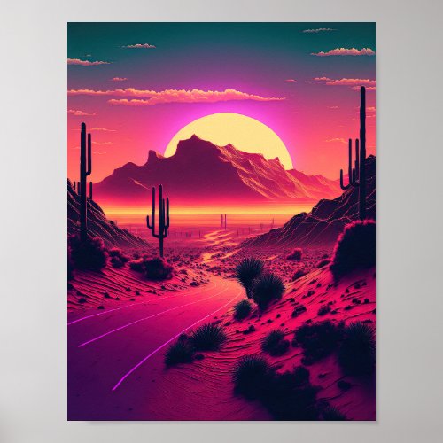 Futurist Horizons A Synthwave Mountain Scene Poster